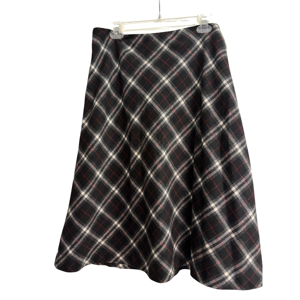 Talbots Petites Plaid Wool Blend A-Line Skirt Black Red White Size 16P Preppy